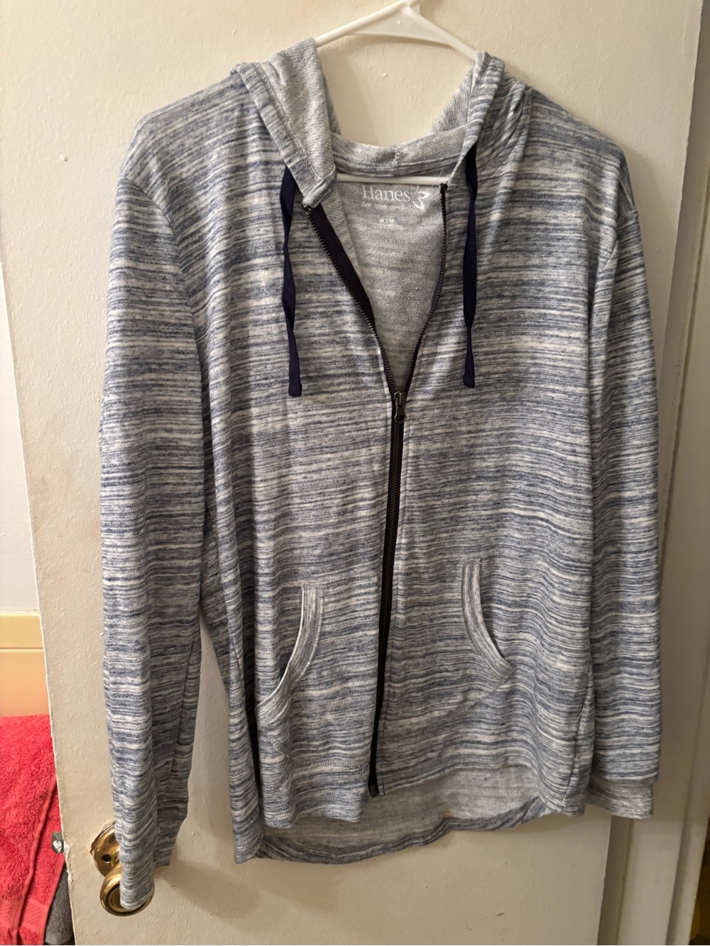 Hanes womenβs Heathered Light Gray and Navy Zip Hoodie